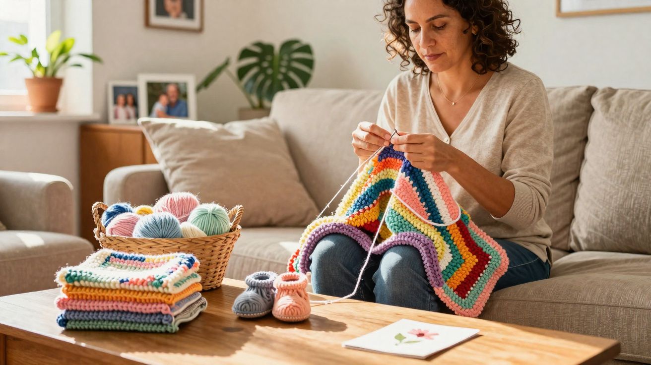 Femme tricotant une couverture multicolore sur un canapé, avec pelotes et articles en laine sur la table basse.