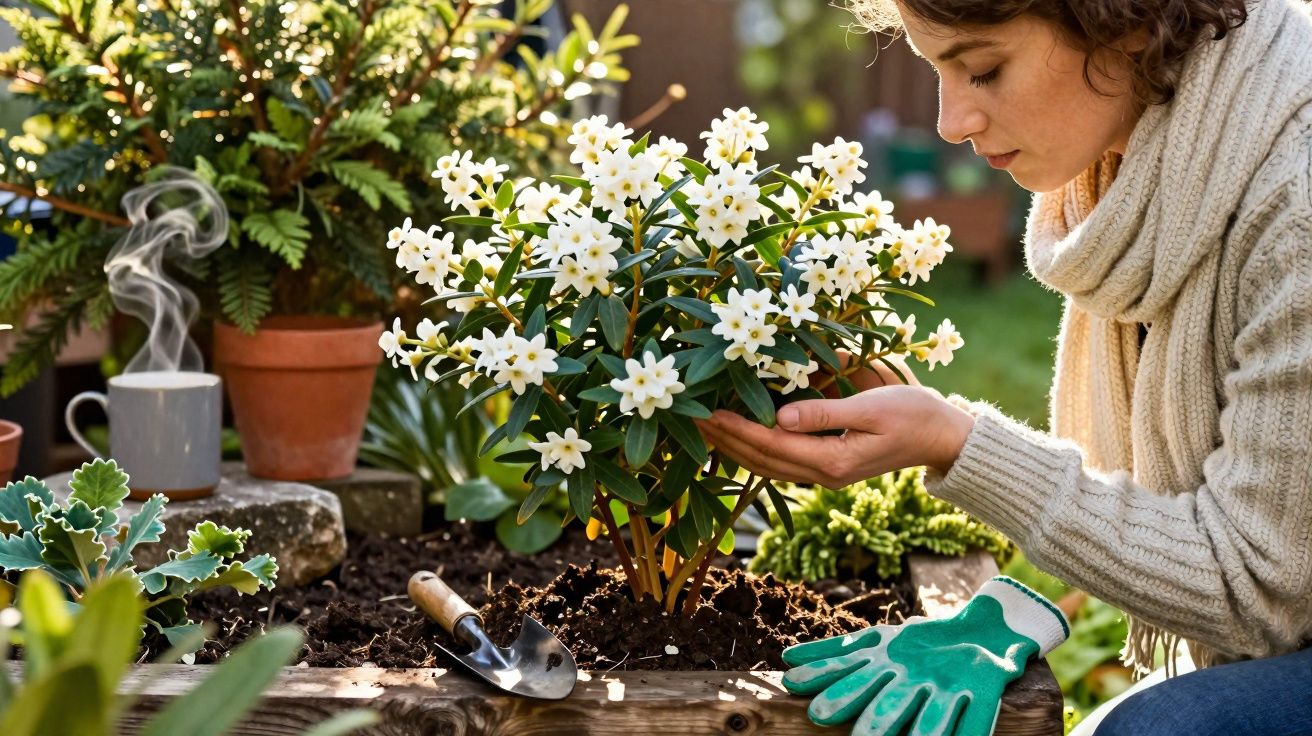 Femme inspectant une plante à fleurs blanches dans un jardin, avec gants de jardinage et outil à proximité.
