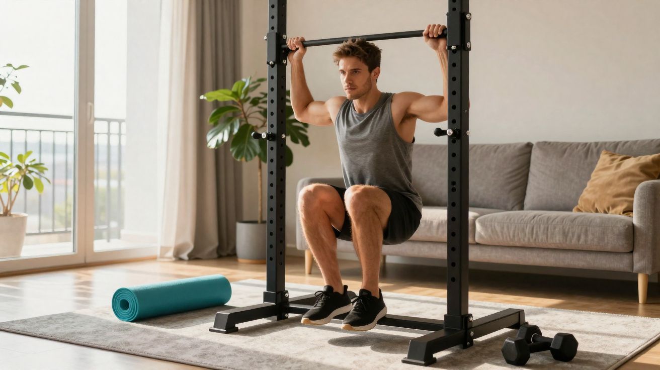 Homme effectuant un squat suspendu à une barre de traction dans un salon lumineux avec tapis et haltères.