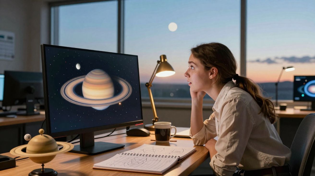 Jeune femme observant une image de la planète Saturne affichée sur un écran d'ordinateur dans un bureau.