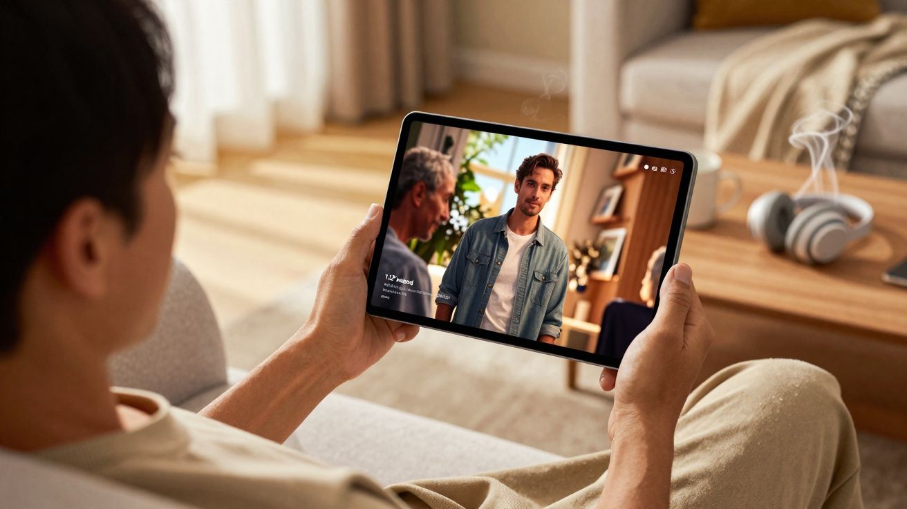 Personne assise regarde une tablette avec une vidéo d’hommes discutant dans un salon lumineux.