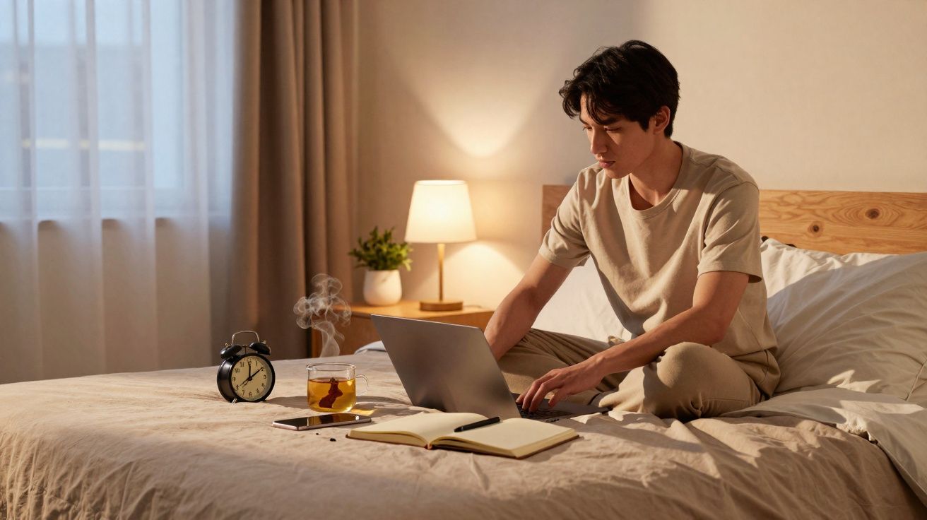 Homme assis sur un lit, travaillant sur un ordinateur portable avec une tasse fumante et un carnet.