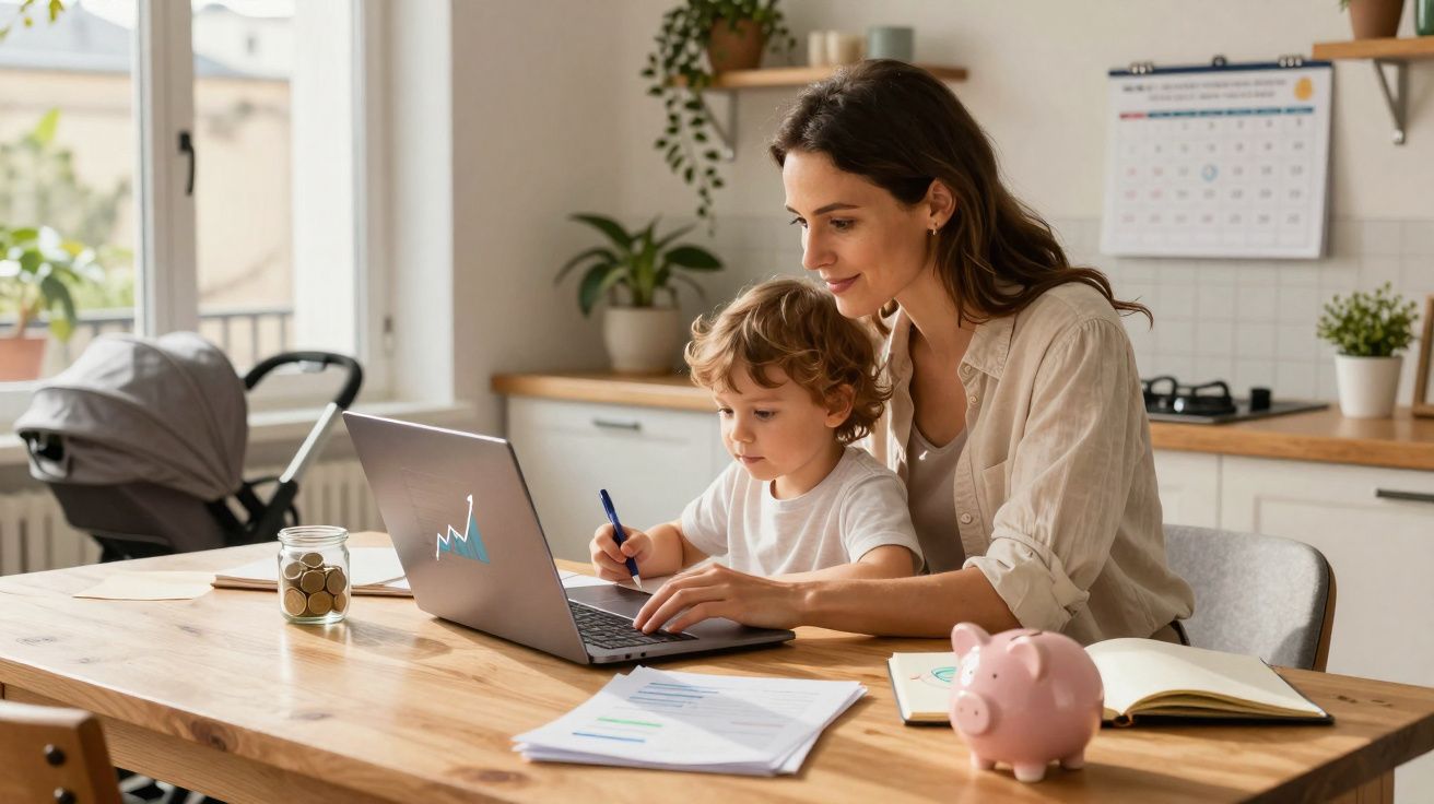 Mère et enfant travaillant ensemble sur un ordinateur portable à la maison, bureau avec tirelire et documents.