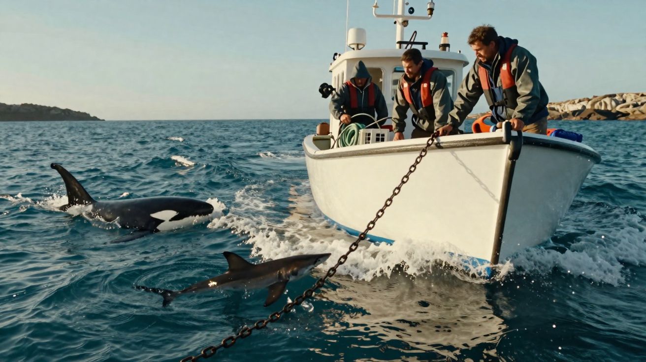 Trois hommes en bateau observent un requin et une orque nageant près d’une chaîne flottante en mer.