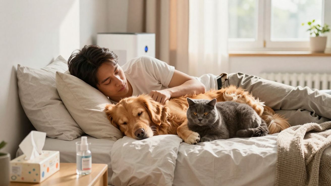 Jeune homme allongé sur un lit avec un chien doré et un chat gris, tous reposant paisiblement.