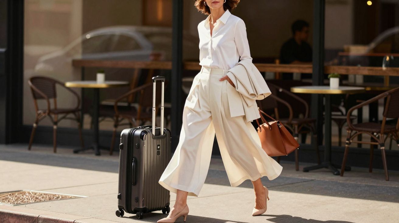Femme élégante en chemise blanche et pantalon large marchant avec une valise à roulettes et un sac à main marron.
