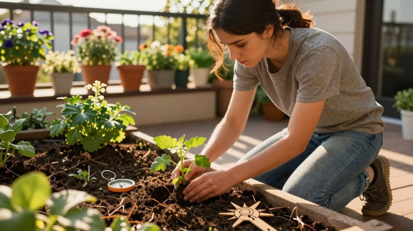 Jeune femme en t-shirt gris plantant une jeune plante dans un jardin sur une terrasse ensoleillée.