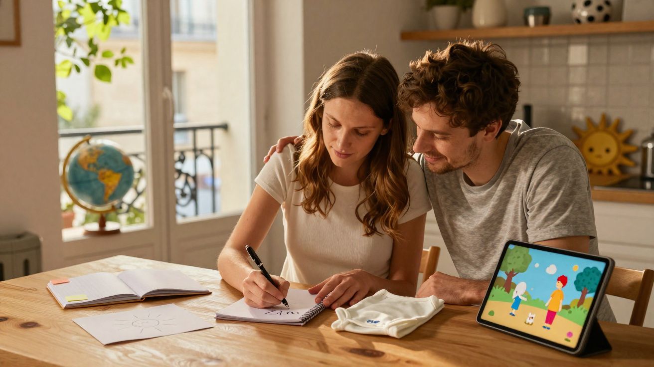 Jeune couple assis à une table, femme écrit sur un carnet, tablette avec dessin animé à côté dans une pièce lumineuse.