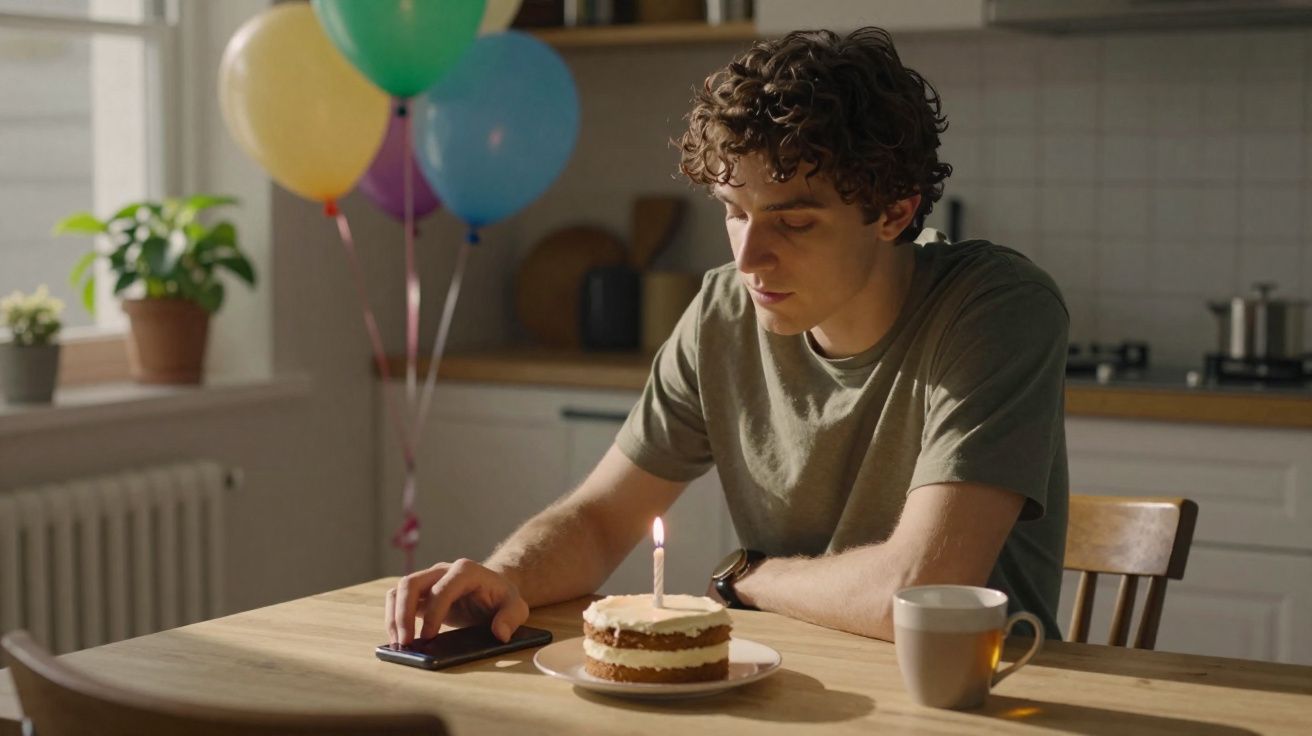 Jeune homme seul regarde son téléphone devant un gâteau d'anniversaire avec une bougie allumée et des ballons colorés.