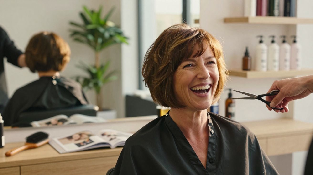 Femme souriante chez le coiffeur prête à se faire couper les cheveux dans un salon moderne et lumineux.