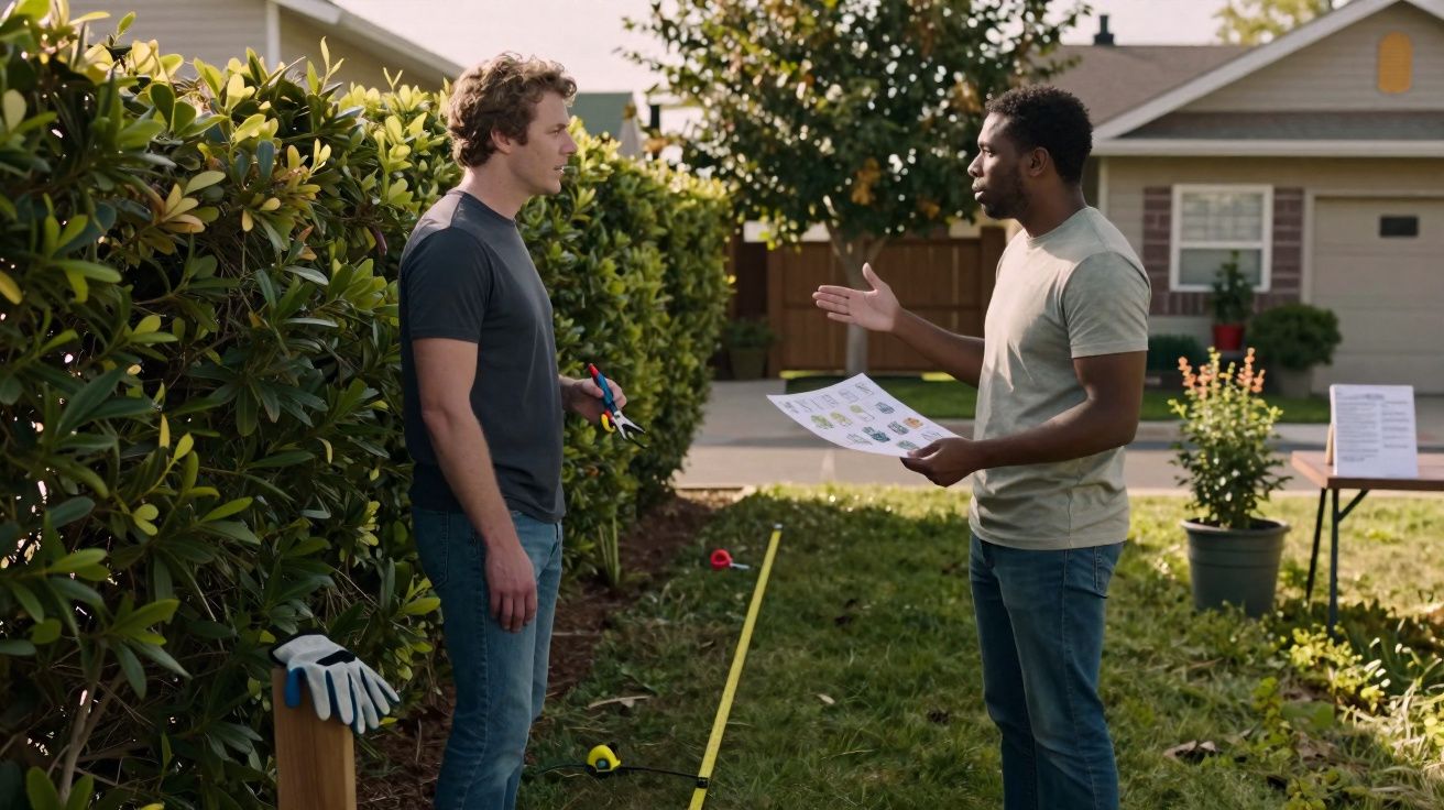 Deux hommes discutent dans un jardin avec des outils de jardinage et un plan à la main.