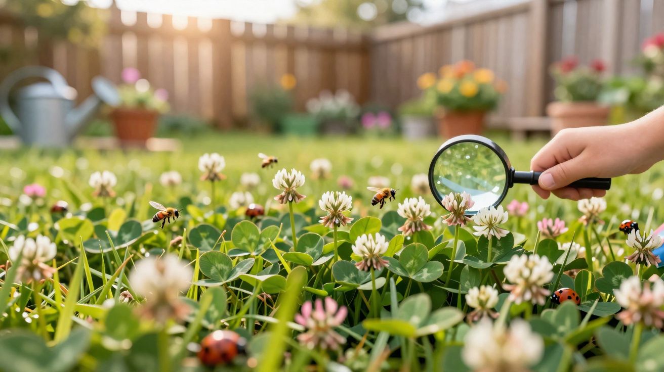 Main tenant une loupe sur des fleurs blanches et des abeilles dans une pelouse fleurie avec des coccinelles.