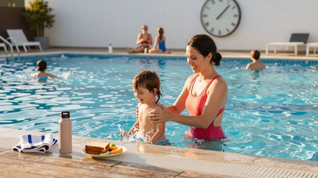 Une femme en maillot de bain rouge apprend à nager à un enfant dans une piscine extérieure ensoleillée.