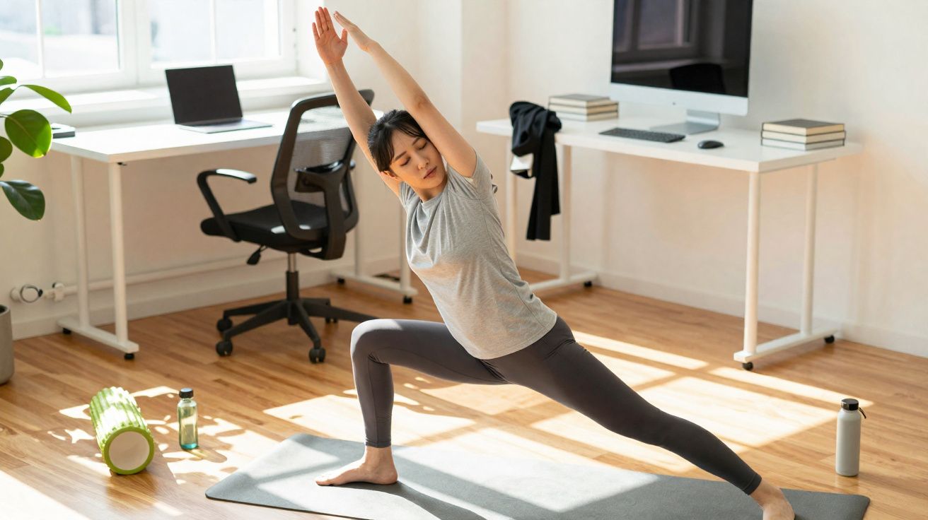 Femme pratiquant le yoga dans un bureau lumineux, étirement sur tapis avec accessoires de sport à proximité.