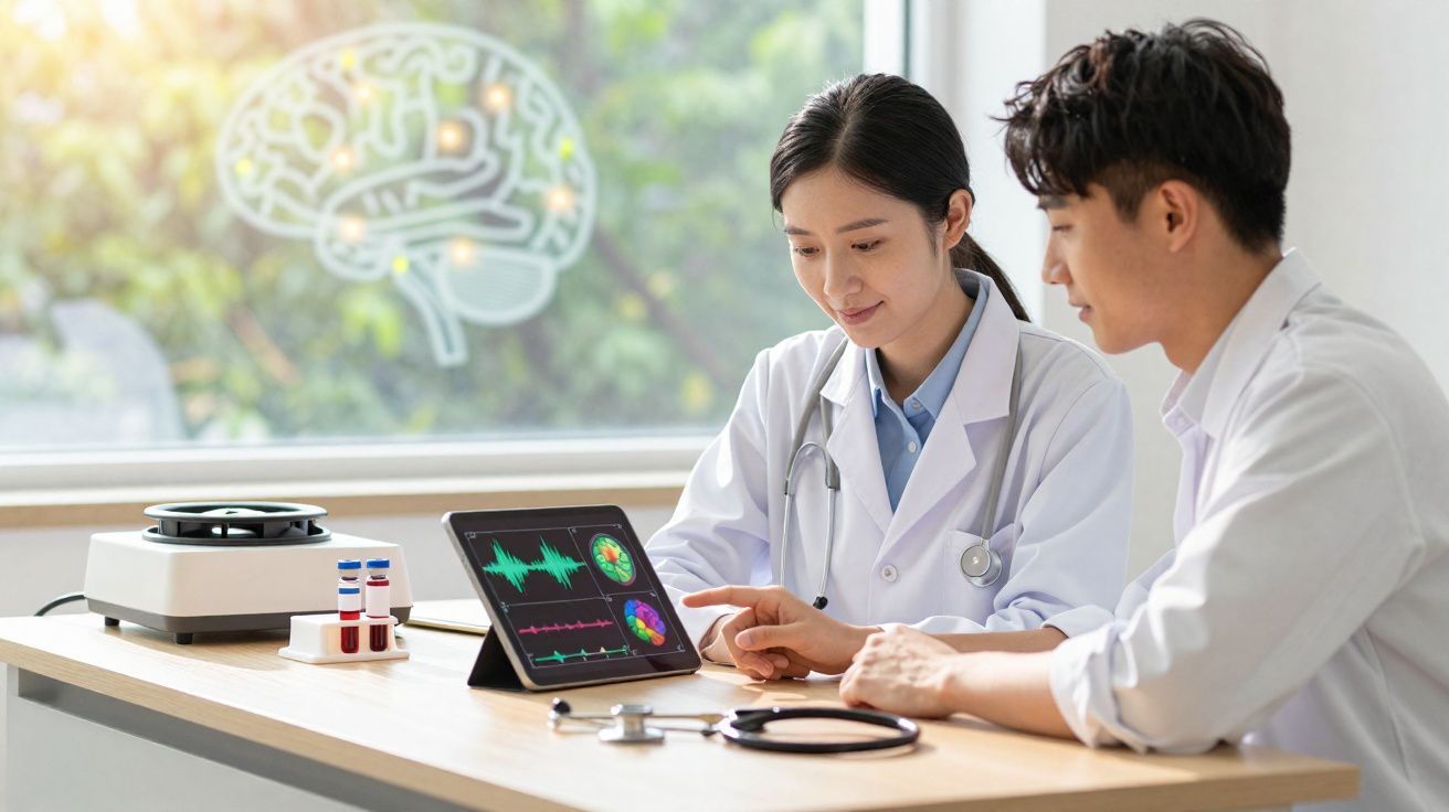 Deux professionnels de santé analysent des données cérébrales sur une tablette dans un bureau lumineux.