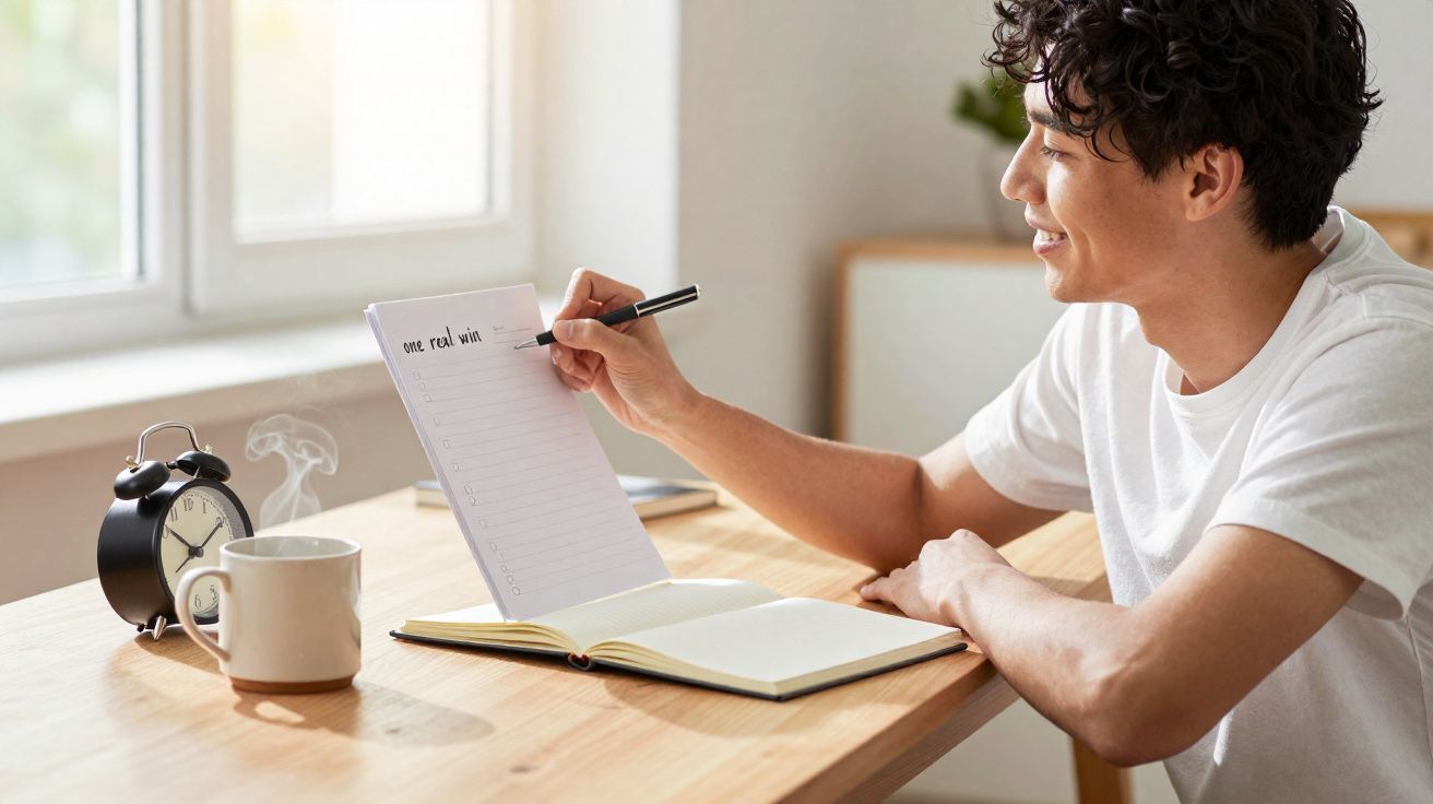 Homme souriant écrivant une liste sur un carnet, tasse fumante et réveil sur une table en bois près d'une fenêtre.