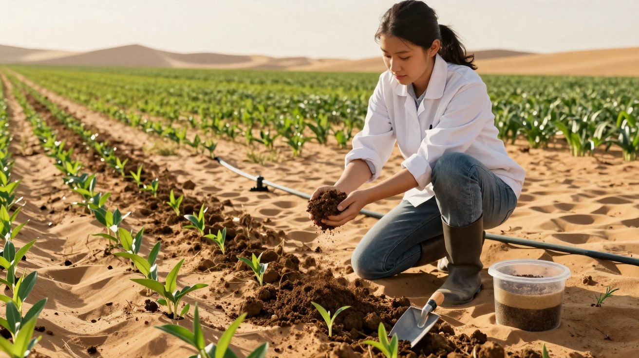 Femme en blouse blanche analysant la terre dans un champ de jeunes plants au milieu du désert.
