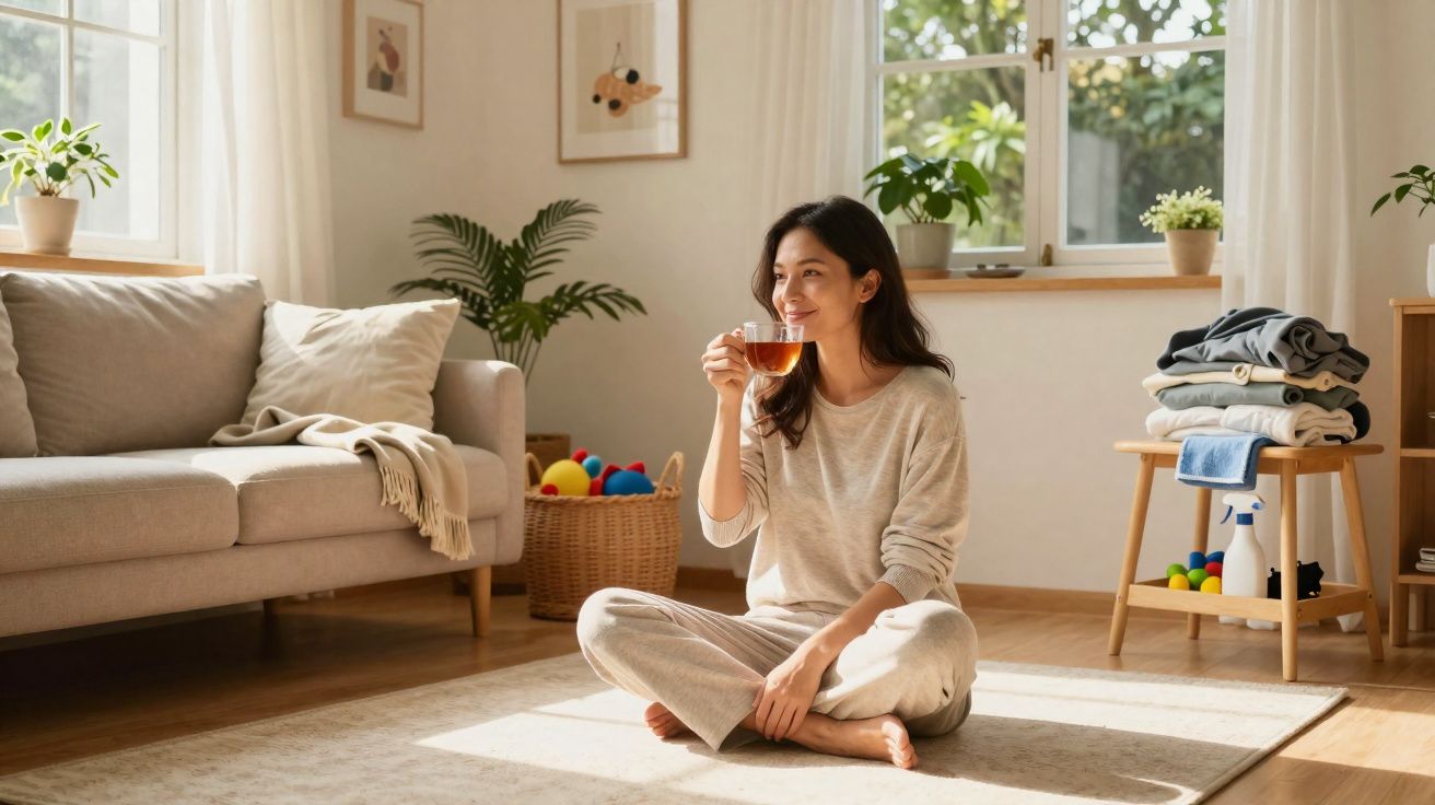 Femme souriante assise par terre dans un salon lumineux en sirotant une tasse de thé.