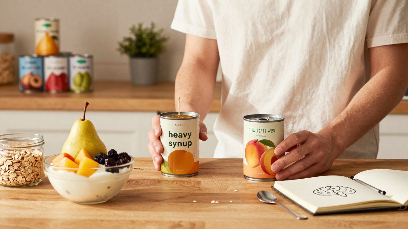 Personne tenant des boîtes de conserve de fruits sur un plan de travail avec bol de fruits, poire et carnet ouvert.