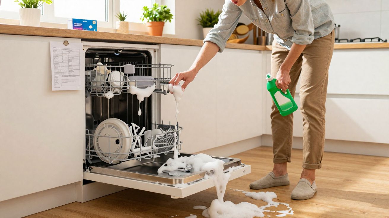 Personne vidant un lave-vaisselle débordant de mousse de détergent dans une cuisine moderne.