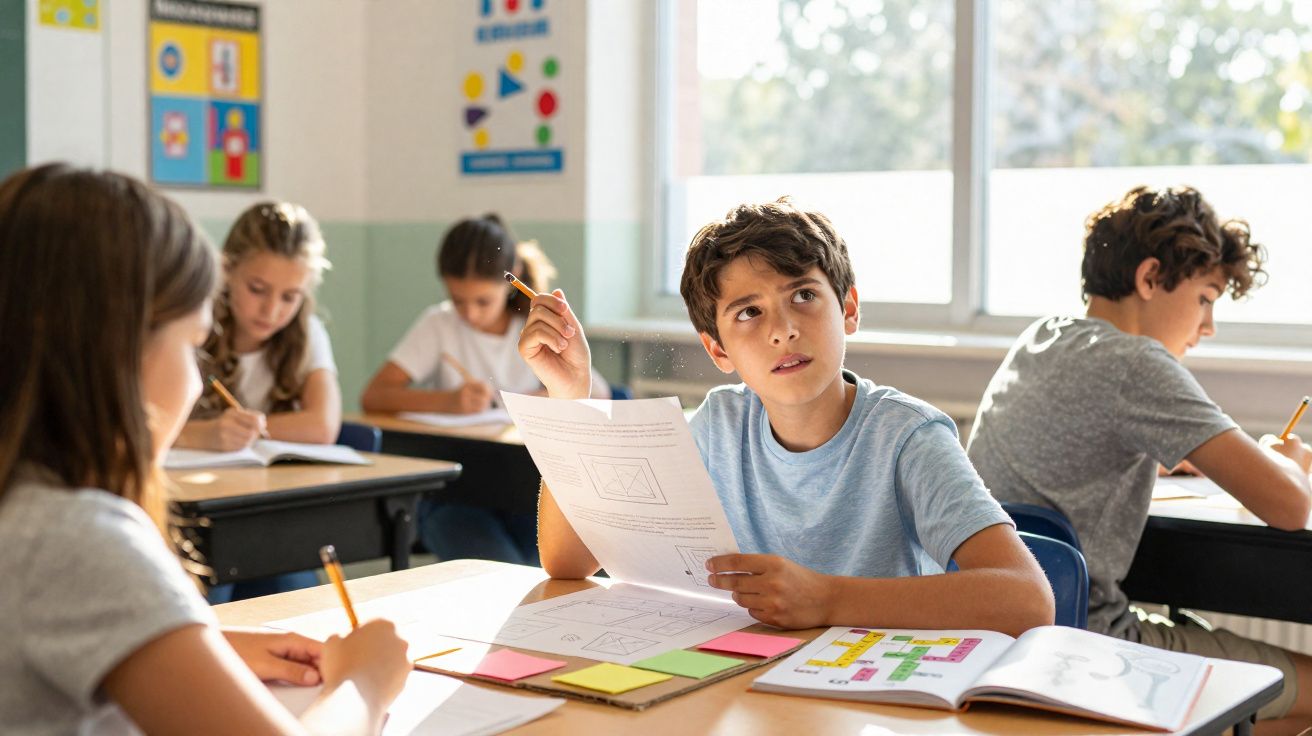 Élèves concentrés en classe avec un garçon levant la main et tenant une feuille de devoirs.