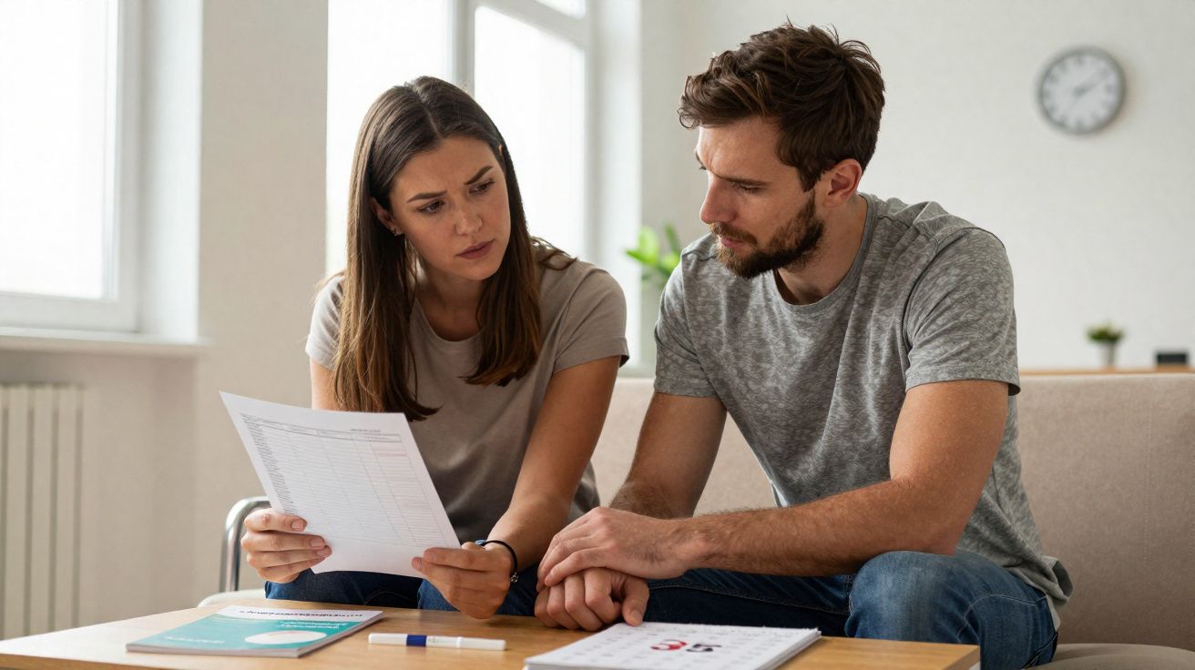 Jeune couple préoccupé examinant des documents à domicile, discutant sérieusement autour d'une table basse.