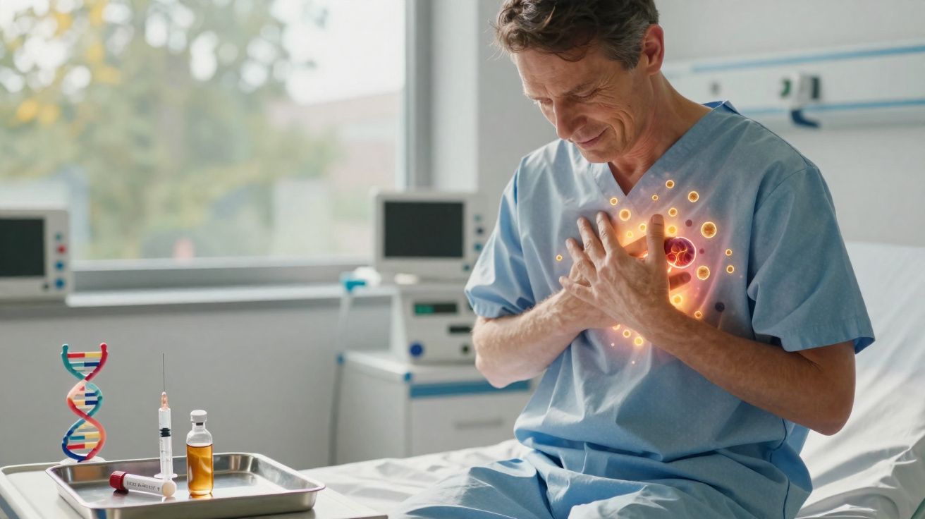Homme en tenue d'hôpital serrant sa poitrine, symbole de maladie cardiaque éclatant sur son cœur.