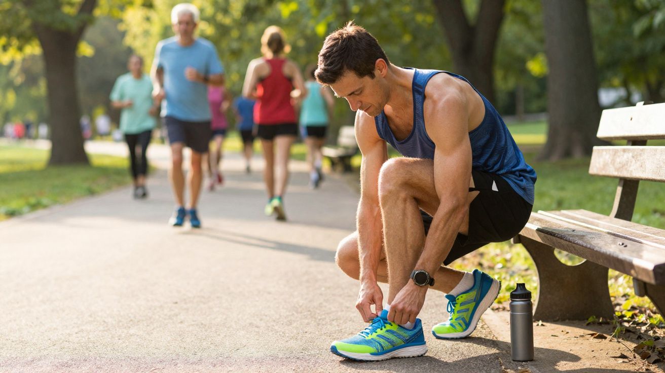 Un homme attache ses chaussures de course sur un banc dans un parc, d'autres joggeurs en arrière-plan.