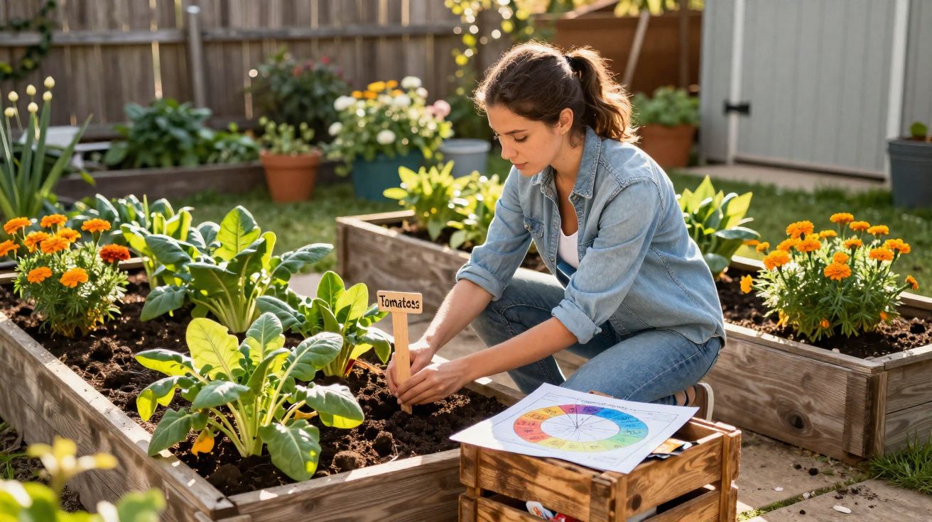 Jeune femme plantant un panneau "Tomatoes" dans un potager en carré avec fleurs en arrière-plan.