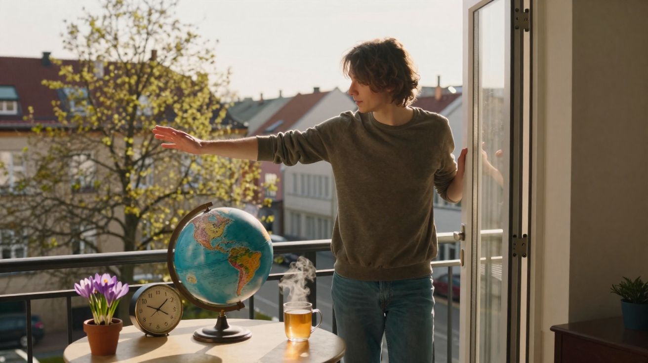 Jeune homme ouvrant la porte-fenêtre sur un balcon avec un globe terrestre, une horloge, une plante et une tasse fumante.