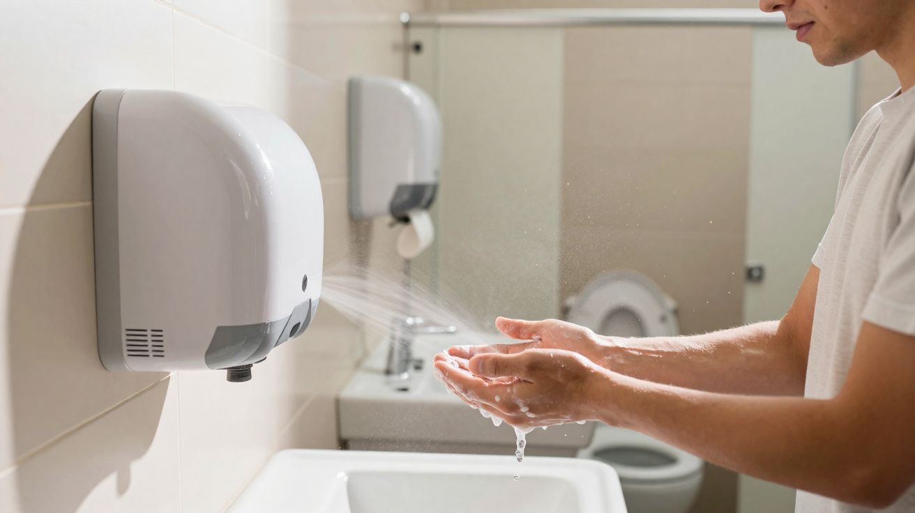 Personne utilisant un sèche-mains automatique dans des toilettes publiques modernes.