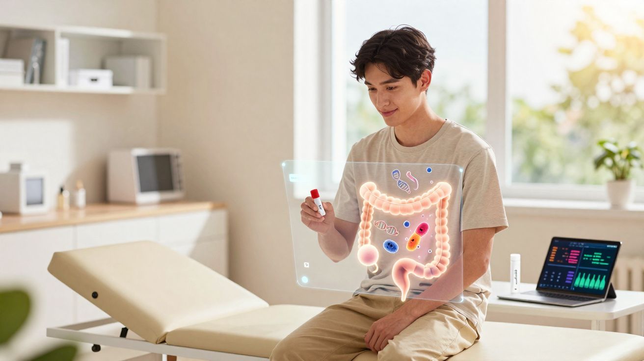 Jeune homme assis en consultation médicale virtuelle avec visualisation holographique du côlon et microbiote intestinal.