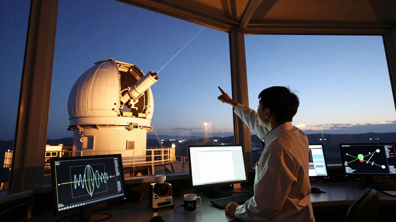 Scientifique observant un télescope depuis une salle de contrôle avec plusieurs écrans au coucher du soleil.