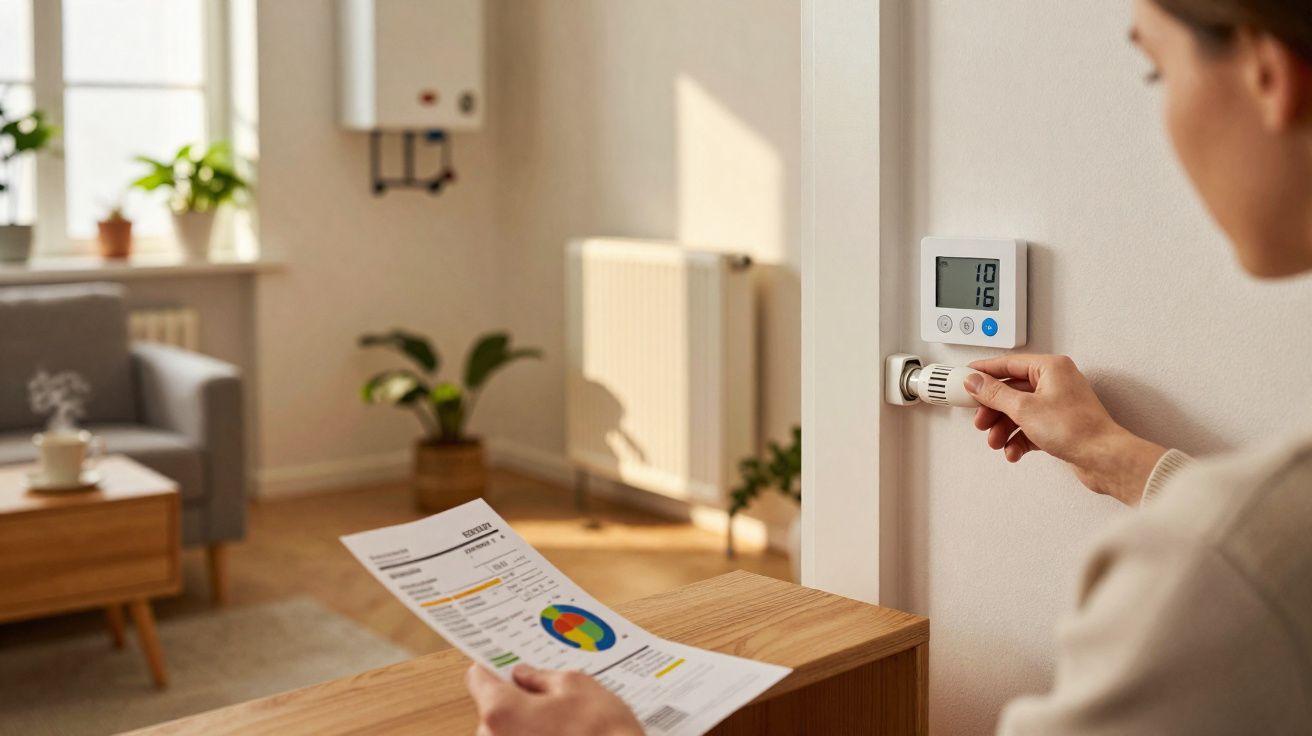 Personne ajustant un chauffage avec une main et tenant une facture d'énergie dans un intérieur lumineux.