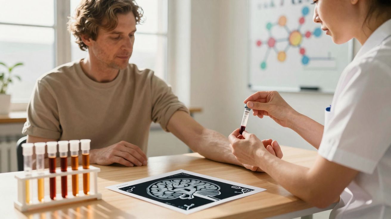 Un homme subit une prise de sang par une professionnelle de santé dans un cabinet médical lumineux.
