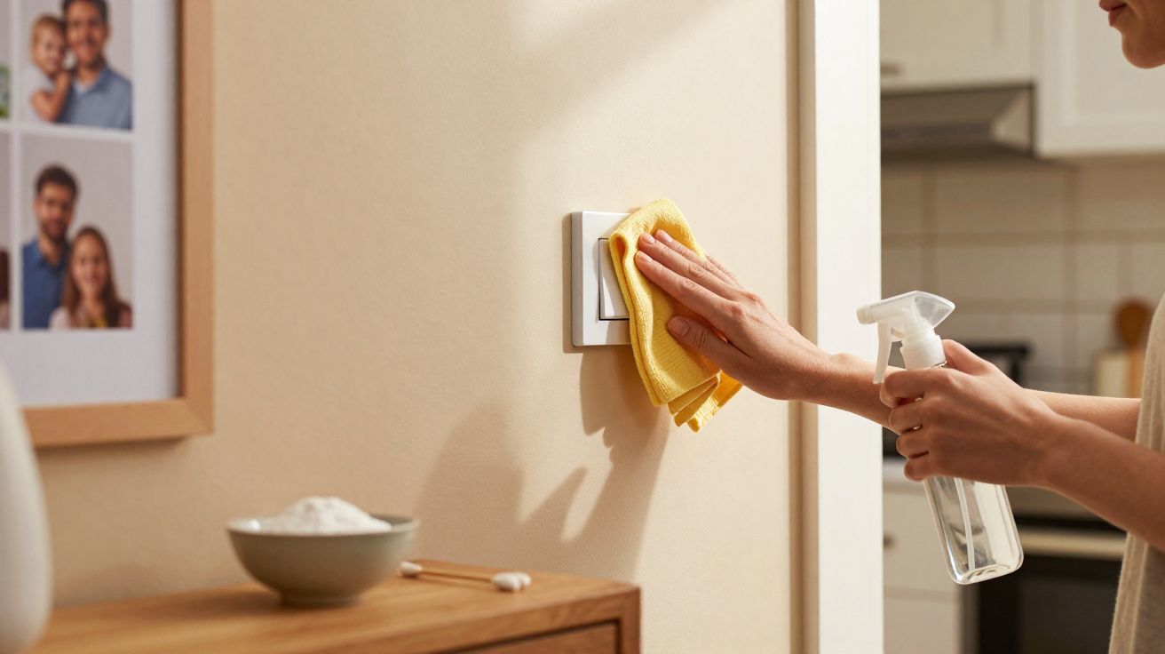 Une personne nettoie un interrupteur mural avec un chiffon jaune et un spray désinfectant dans une pièce.