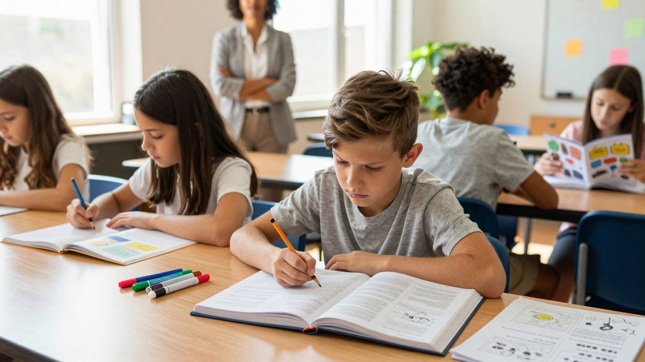 Des élèves concentrés écrivent dans leurs cahiers en classe, tandis qu’un adulte les surveille en arrière-plan.