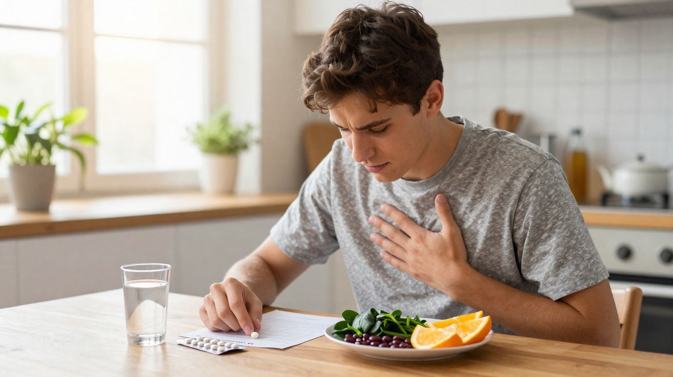 Jeune homme assis à table, souffrant de douleur thoracique, avec médicament, verre d'eau et assiette de fruits et légumes.