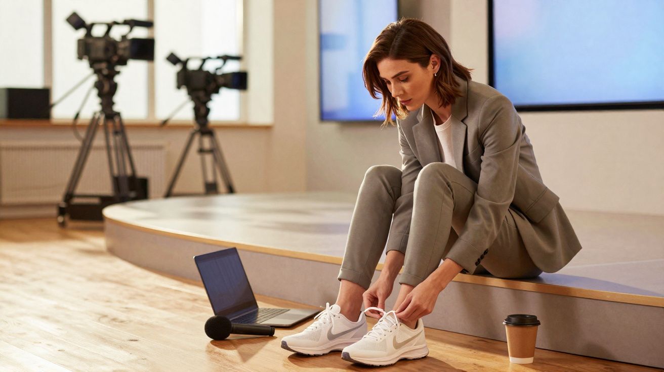 Jeune femme en tailleur gris assise sur une estrade, attachant ses chaussures blanches, entourée de matériel audiovisuel.