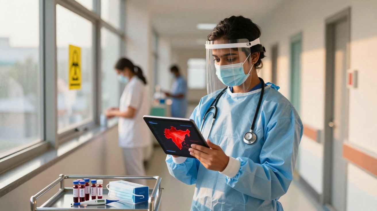 Médecin en tenue de protection regardant une tablette montrant une carte rouge, en salle d'hôpital.