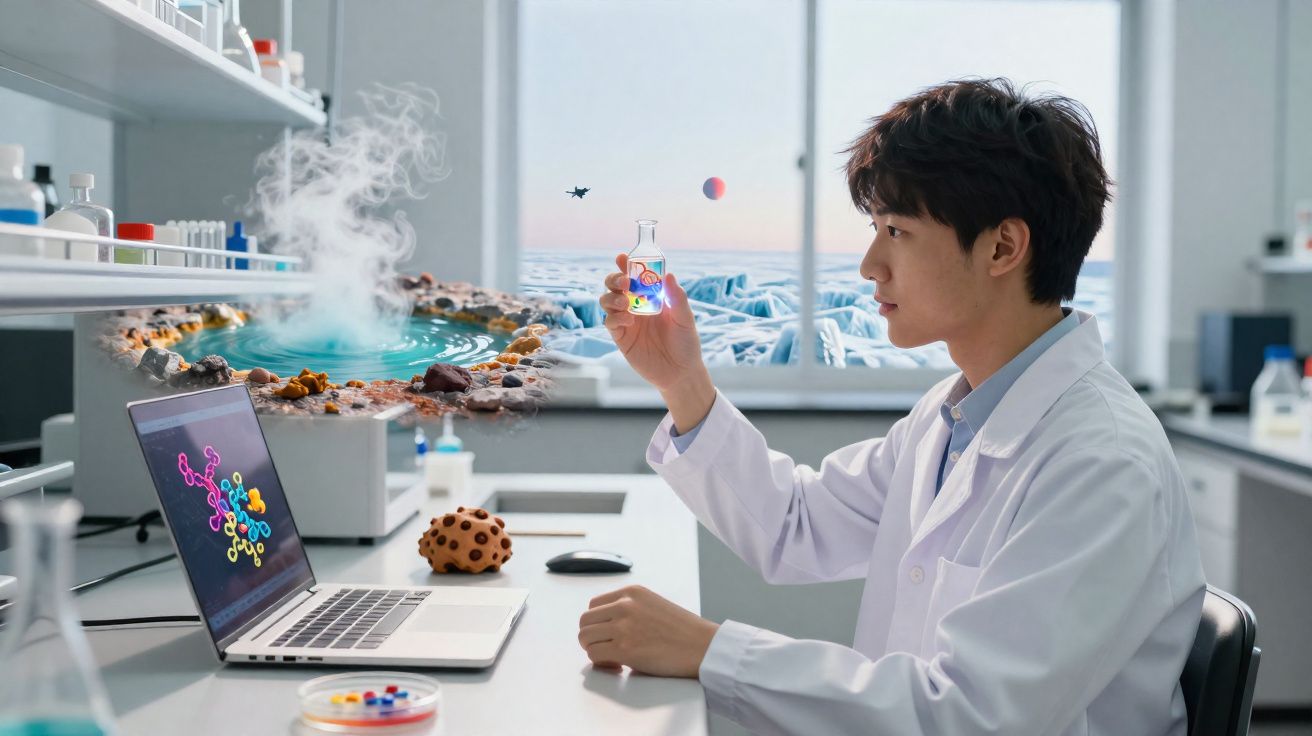 Chercheur en blouse blanche observant un flacon lumineux dans un laboratoire avec un écran d'ordinateur et un paysage imagina