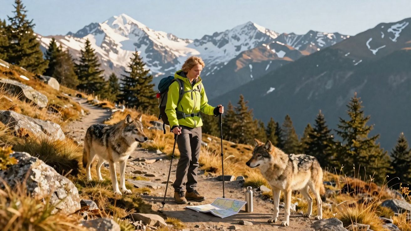 Randonneur en montagne avec deux loups sur un sentier, montagnes enneigées et sapins en arrière-plan.