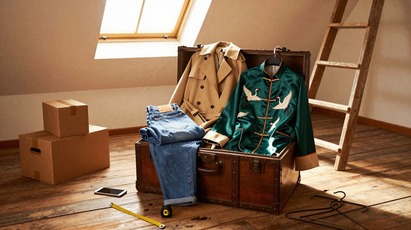 Valise ouverte avec manteau beige, chemise verte brodée, jeans pliés, carton, mètre ruban et échelle en bois sous une fenêtre