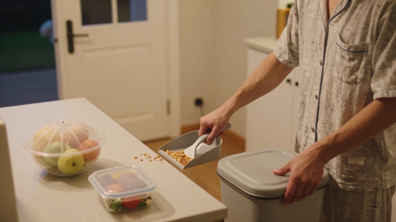 Personne ramassant des miettes avec une pelle à poussière dans une cuisine en pyjama.