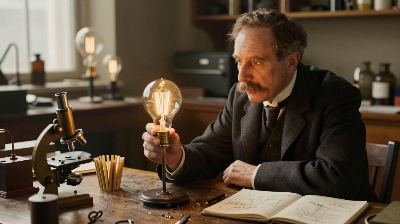 Un homme examine une ampoule allumée sur un bureau avec microscope et carnet de notes.
