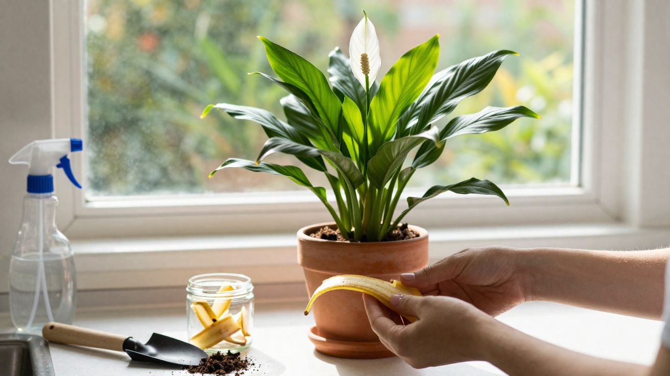 Plante verte fleurie en pot près d'une fenêtre, mains tenant une peau de banane pour fertiliser la plante.