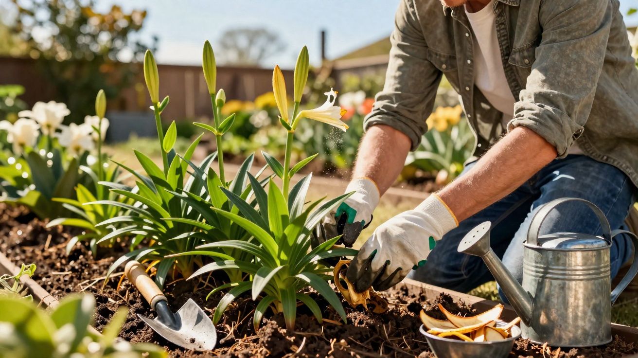 Une personne jardine en taillant des fleurs de lys jaunes dans un parterre ensoleillé.