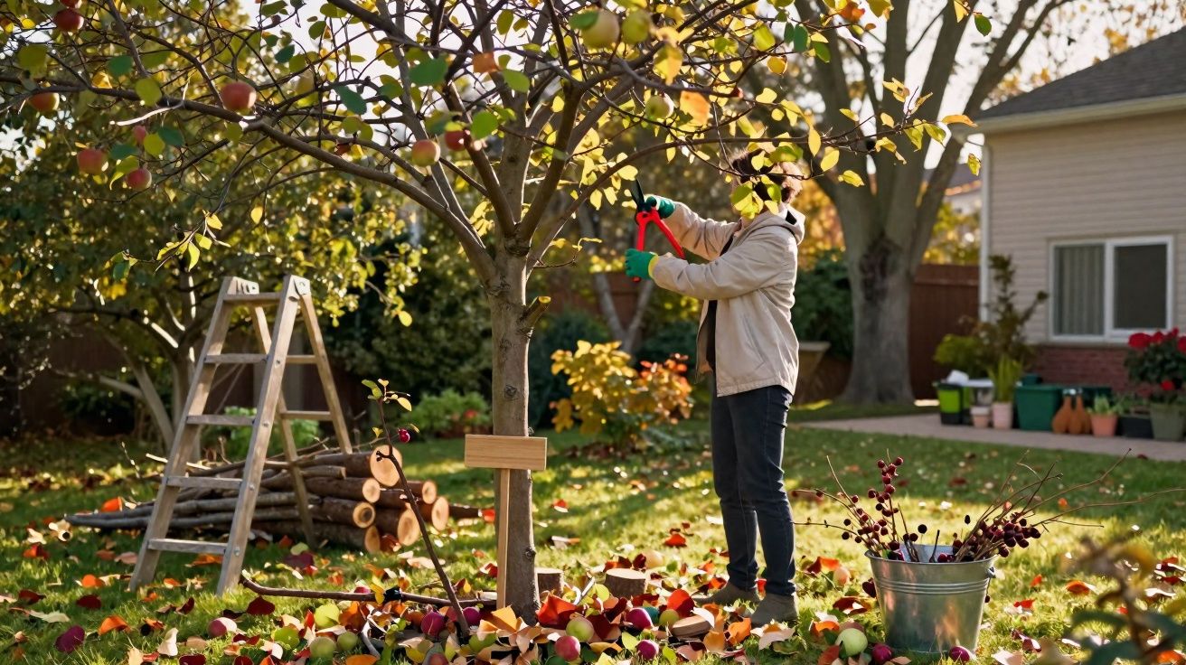 Personne taillant un pommier dans un jardin en automne avec une échelle, des pommes au sol et un seau métallique.