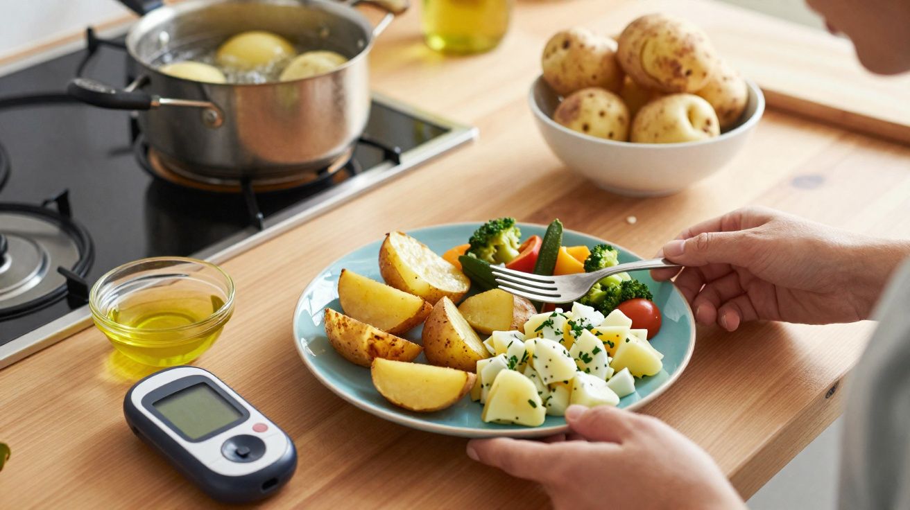 Personne mangeant une assiette de pommes de terre, légumes avec un glucomètre posé sur la table en bois.
