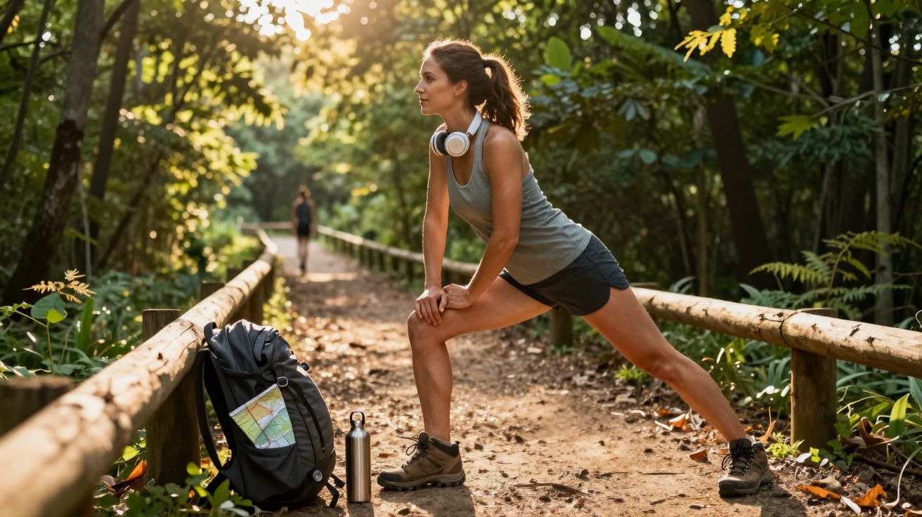 Femme en tenue de sport étirant sa jambe sur un sentier boisé avec sac à dos et gourde à côté.